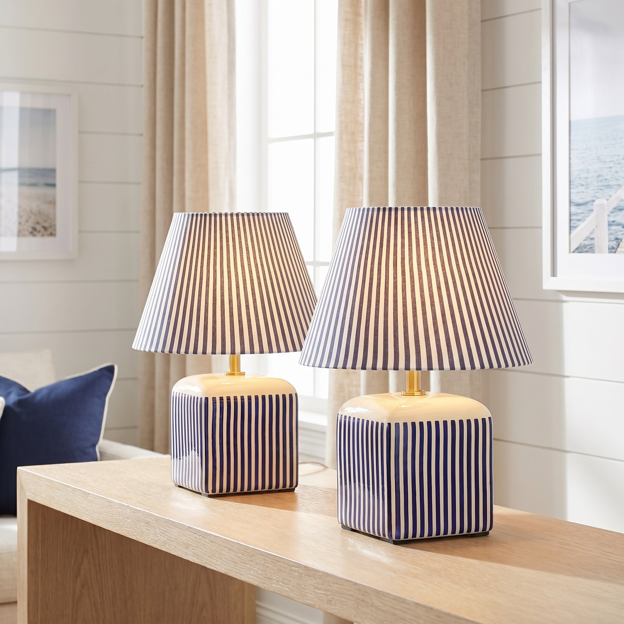 Amaris Ceramic Striped Table Lamp Set of 2 - Blue