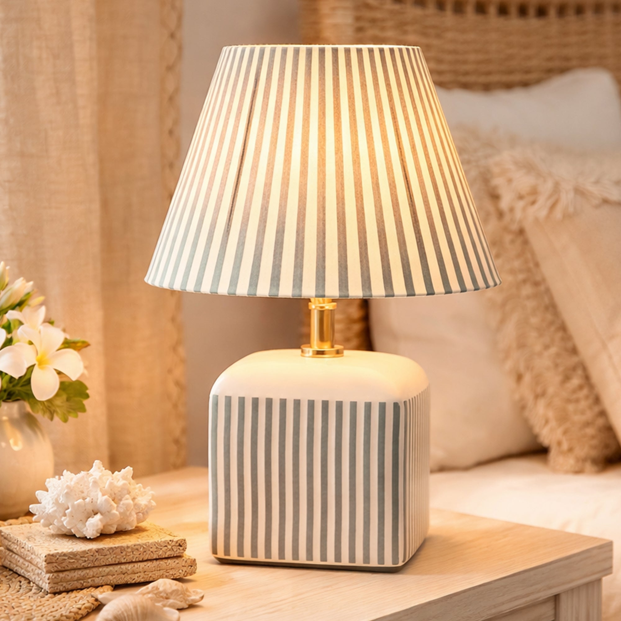 Amaris Ceramic Striped Table Lamp Set of 2 - Green