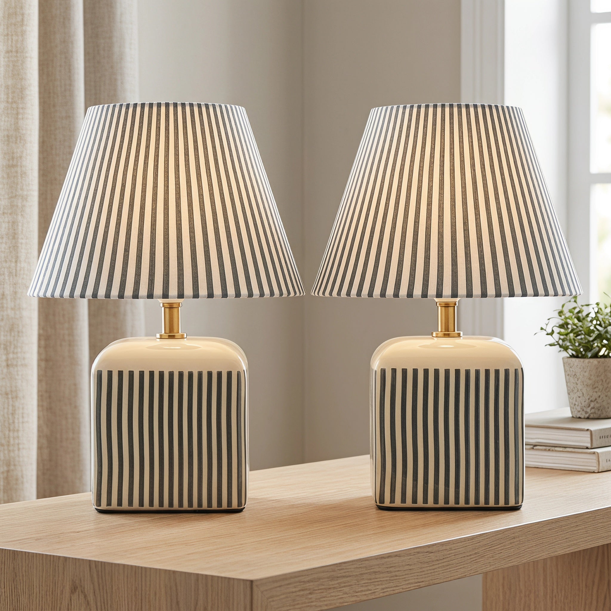 Amaris Ceramic Striped Table Lamp Set of 2 - Green