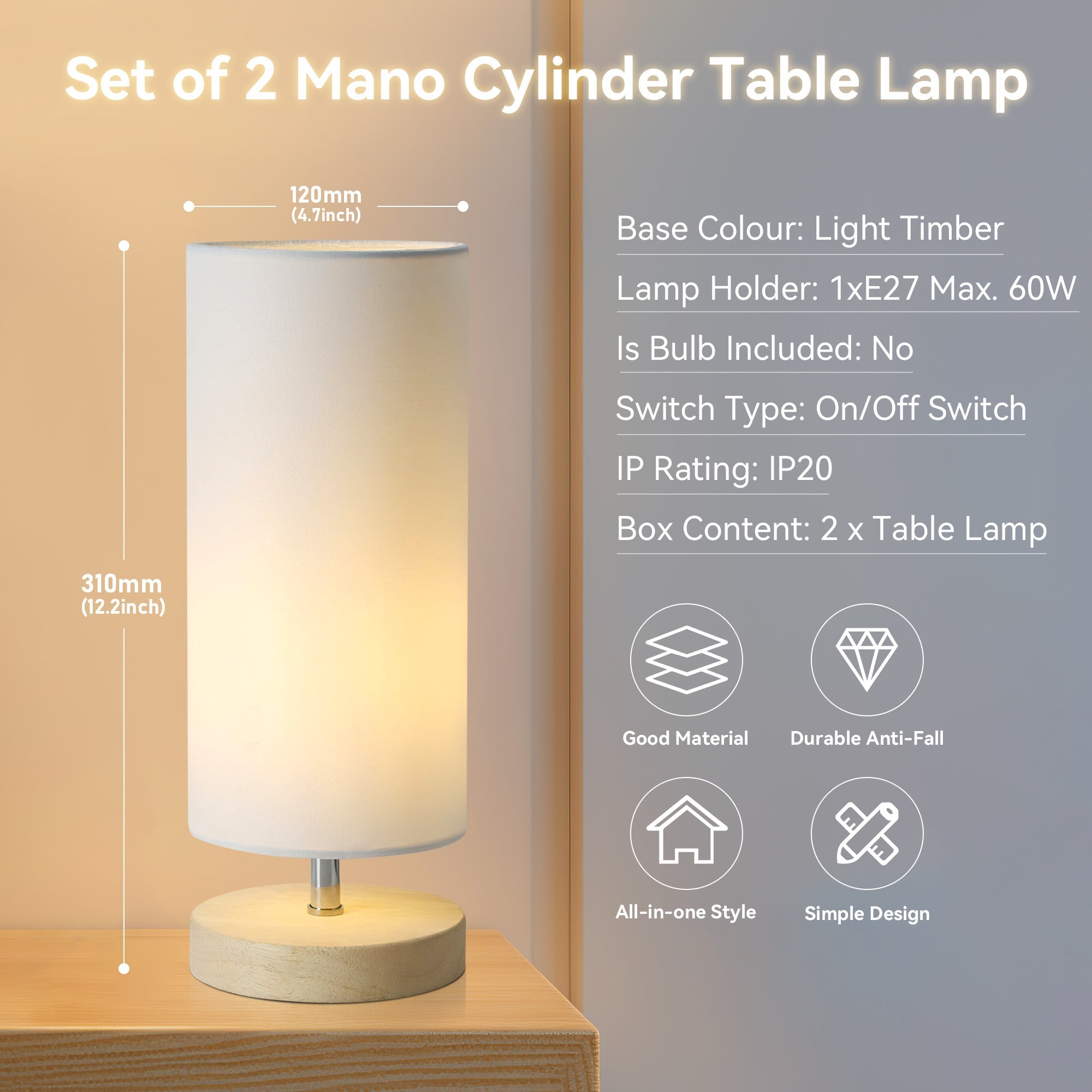 Set of 2 Mano Cylinder Table Lamp