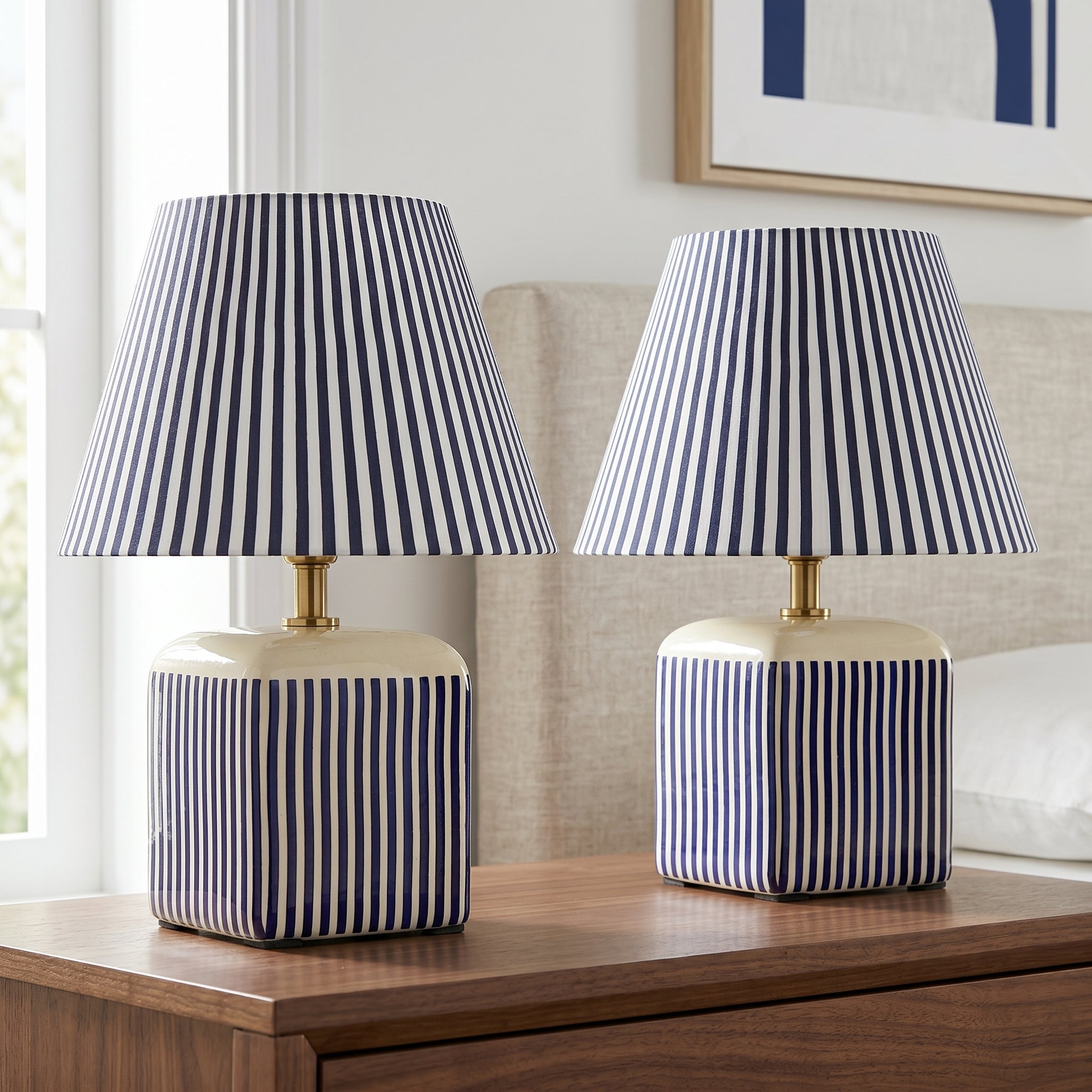 Amaris Ceramic Striped Table Lamp Set of 2 - Blue